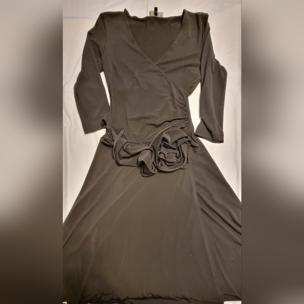 Elegant Brown Wrap-Style Dress with Rosette Detail